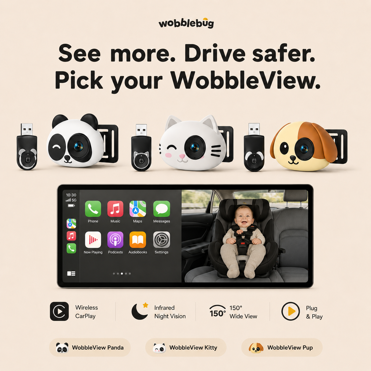 WobbleView - Baby Car Camera & Wireless CarPlay